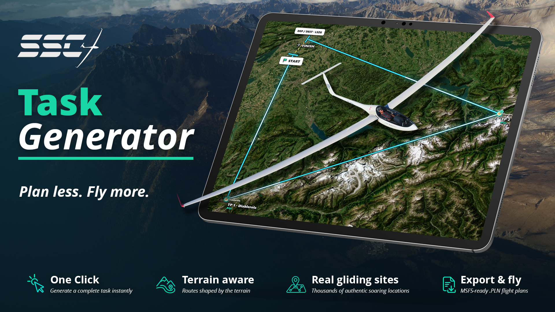 SSC Task Generator cover showing a glider and a planned alpine route